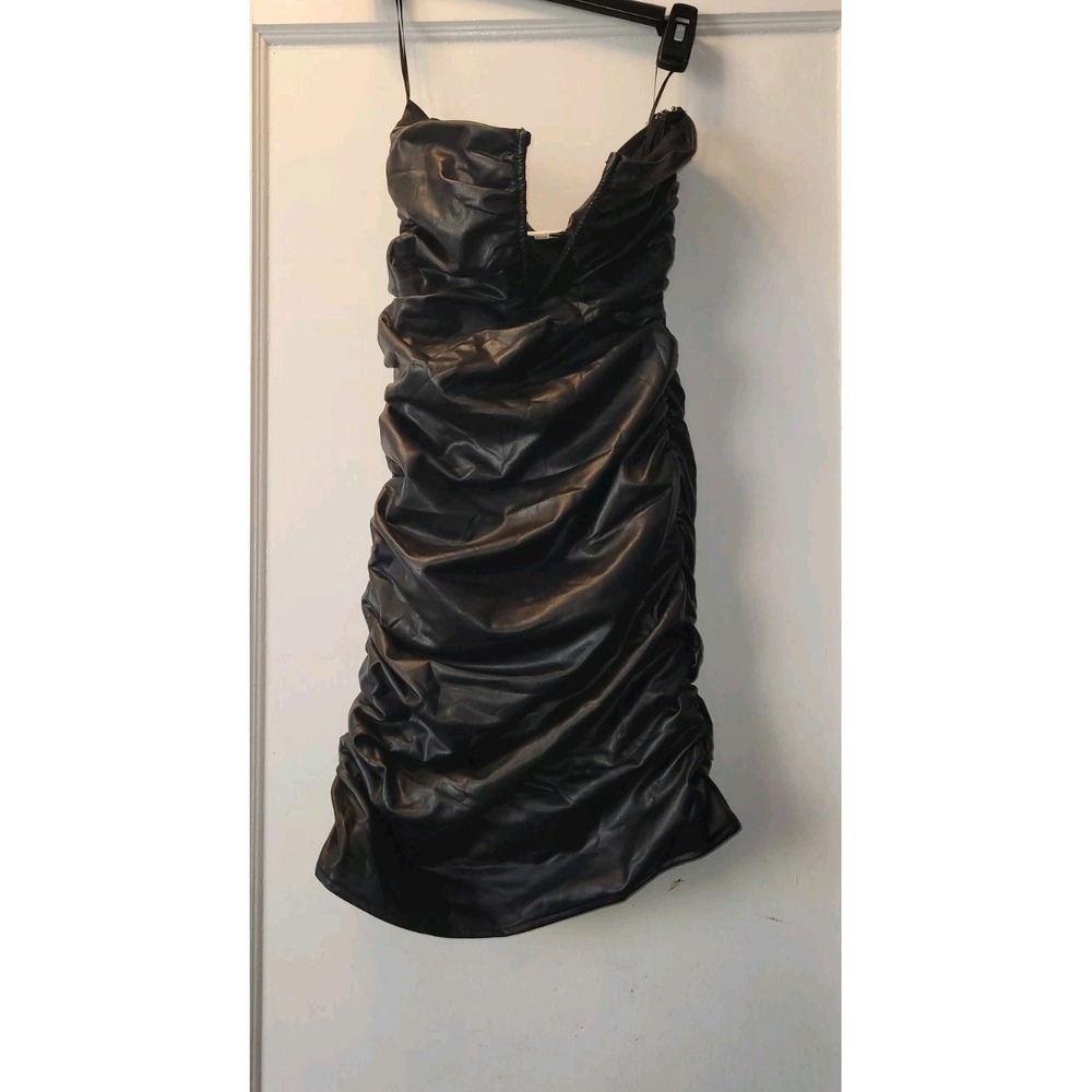 Sky to Moon Black Mini Bodycon Dress L Ruched Straps Sleeveless Pullover